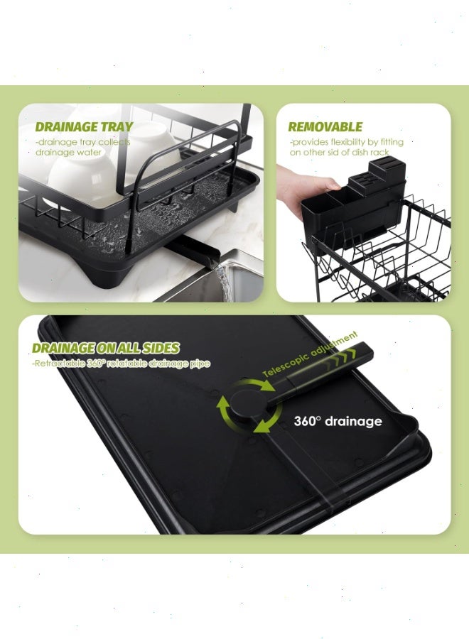 Double Tier Dish Drying Rack, Dish Drainer with Drip Tray & Swivel Drainage Spout, Utensil Holder, Cup Holder, Cutting-Board Holder and Plate Holder Stand for Kitchen Counter - Quick Install - Image 3